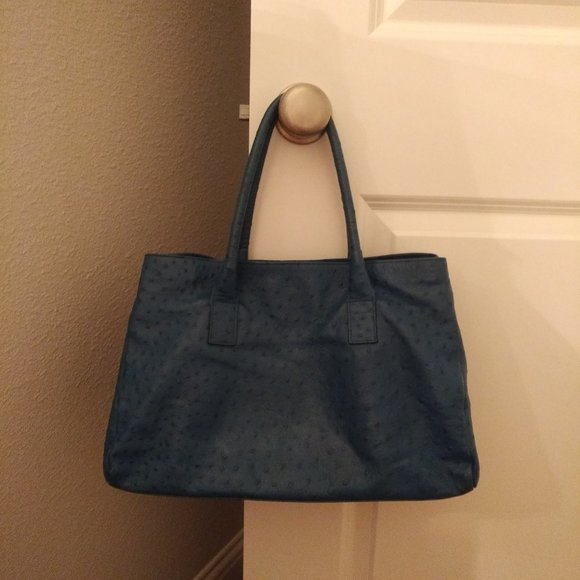 FURLA LIKE NEW APPALOOSA EAST WEST BLUE OSTRICH EMBOSSED LEATHER "TOTE" HANDBAG - Picture 2 of 13